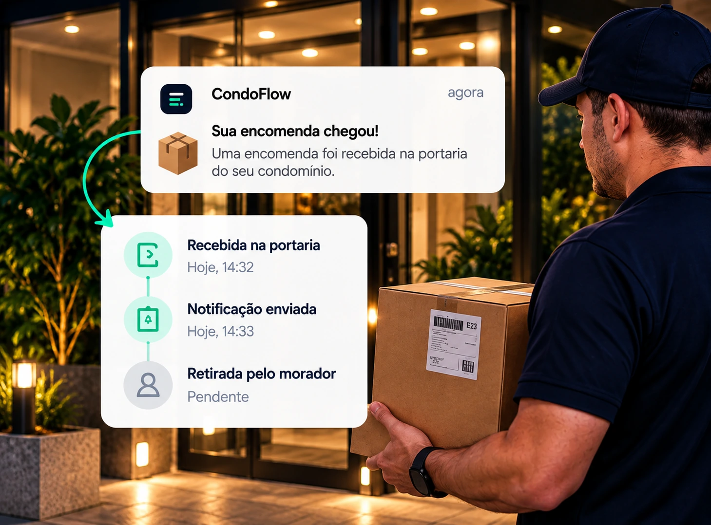 Entregador com uma encomenda na portaria do condomínio, ao lado do aviso enviado ao morador e do histórico com recebimento, notificação enviada e retirada pendente